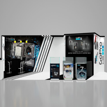 GoPro booth with camera graphics, product display plinths and a black-and-white back wall.