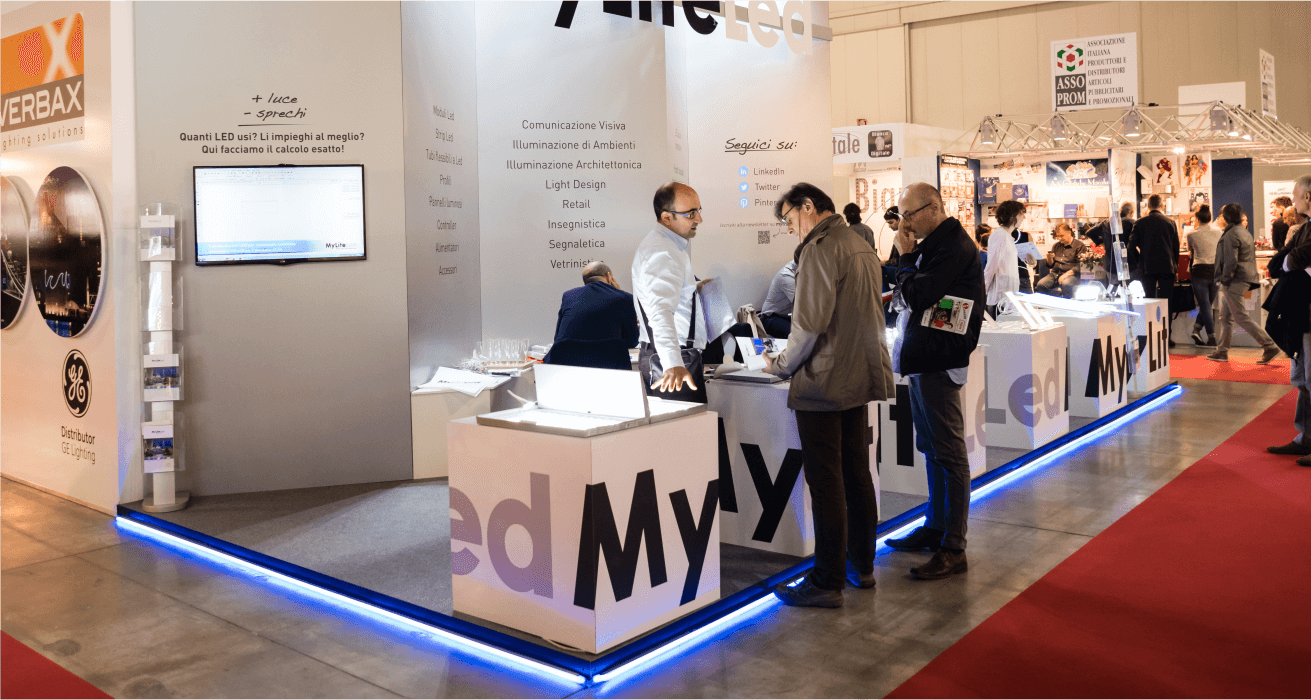 Visitors meeting at a completed exhibition booth