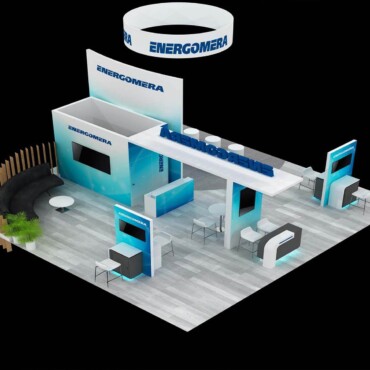 Overhead view of an Energomera booth showing its circular sign, display towers and open meeting areas.