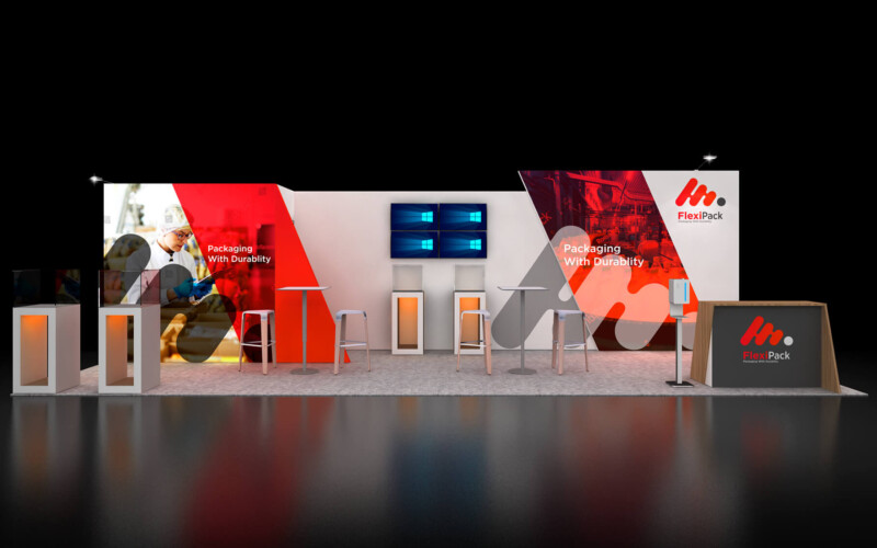 Red-and-white packaging booth with central video screens, raised display counters and seating.