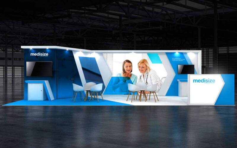 Medisize booth with blue-and-white angled walls, demonstration screens and a central meeting area.
