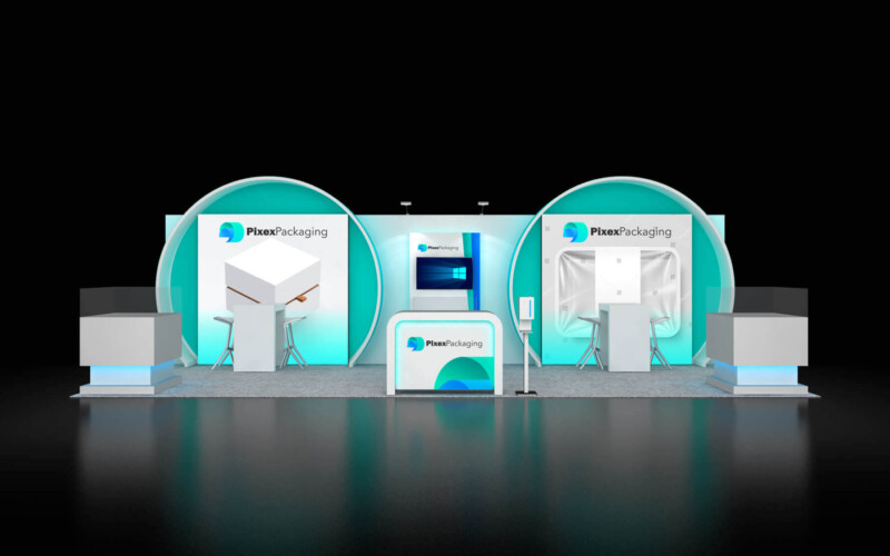 Turquoise packaging booth with two large circular back panels, product display stands and a central reception counter.