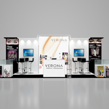 Verona cosmetics booth with a white reception counter, display screens and high seating.