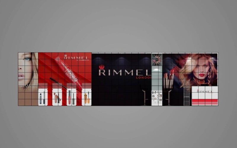 Rimmel London booth design with red-and-black branding, large model portraits and cosmetics displays.