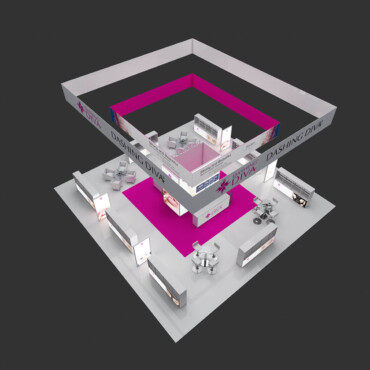Overhead view of a white island booth with a magenta central aisle, square hanging sign and meeting tables.
