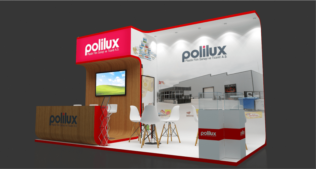 Pollux booth design with an open seating area, reception counter and a red overhead frame