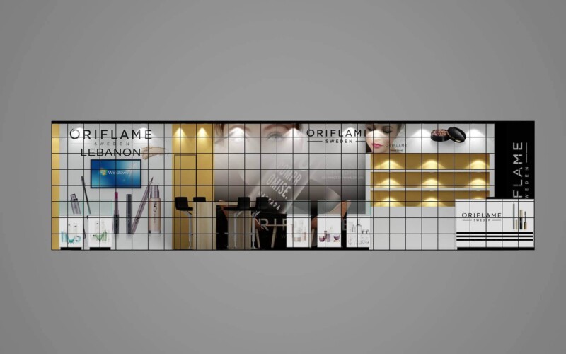 Oriflame Lebanon booth design with illuminated product shelves, portrait graphics and a display screen.